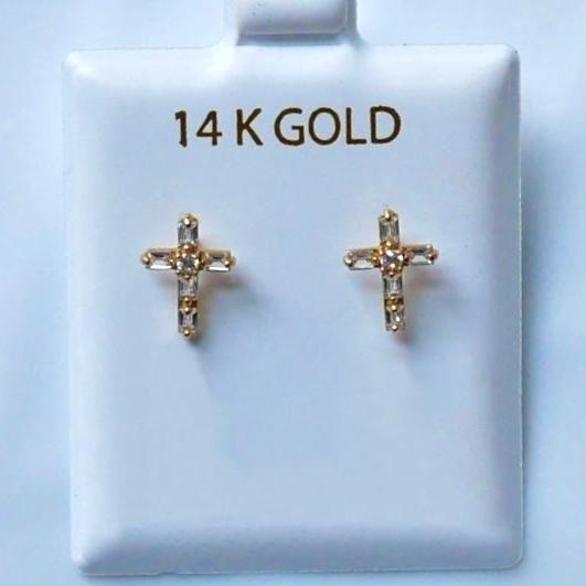 Delicate cross-shaped earrings in 14k gold, adorned with sparkling cubic zirconia stones.